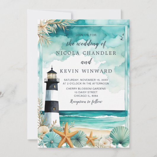 Nautische Vuurtoren Bruiloft Kaart (Voorkant)