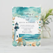 Nautische Vuurtoren Bruiloft Kaart (Staand voorkant)