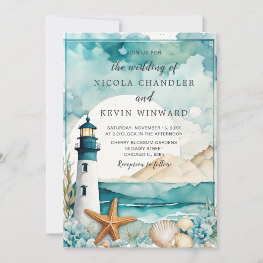 Nautische Vuurtoren Bruiloft Kaart (Voorkant)