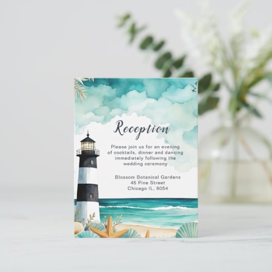 Nautische vuurtoren bruiloft receptie informatiekaartje (Staand voorkant)