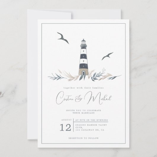 Nautische vuurtoren bruiloft uitnodiging (Voorkant)