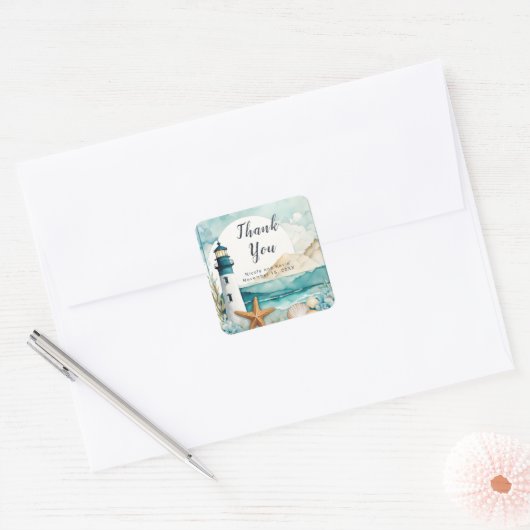 Nautische Vuurtoren Bruiloft Vierkante Sticker (Envelop)