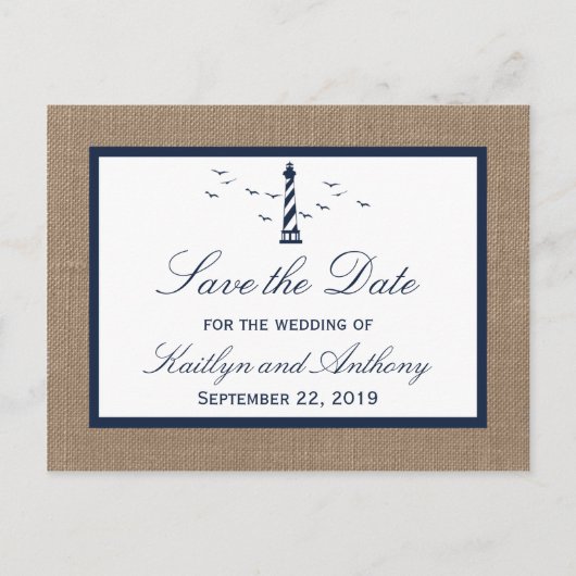Nautische Vuurtoren Burlap Bruiloft Save The Date Aankondigingskaart (Voorkant)