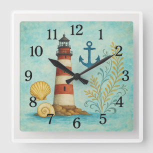 Nautische vuurtoren en anker Ocean Clock Vierkante Klok