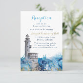 Nautische vuurtoren golven bruiloft receptie invoe kaart (Staand voorkant)