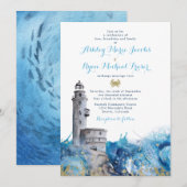 Nautische vuurtoren golven bruiloft uitnodiging (Voorkant / Achterkant)