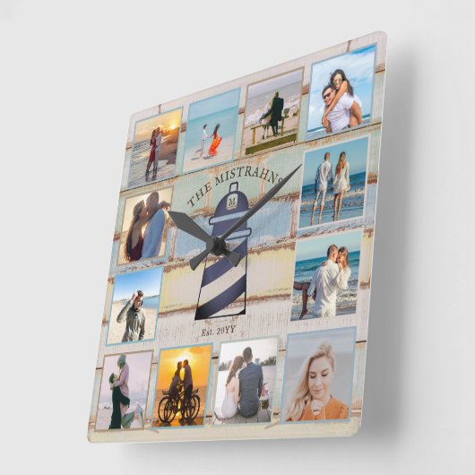 Nautische Vuurtoren  Hout 12-foto Collage Vierkante Klok (Hoek)