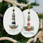 Nautische Vuurtoren Kerst Zeeen & Groeten Keramisch Ornament<br><div class="desc">Dit nautische kerstornament heeft een andere vuurtoren aan elke kant,  met familienaam en jaardatum op de voorkant,  en "Zeeen & Groeten op de achterkant. Bekijk het collectie voor overeenkomende producten. Als u meer bijpassende producten of andere kleurwegen wilt,  neem dan contact met mij op via Zazzle Chat.</div>