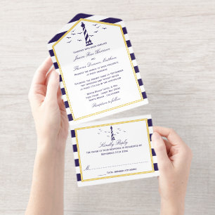 Nautische Vuurtoren Navy Stripe Huwelijk Echte Fol All In One Uitnodiging