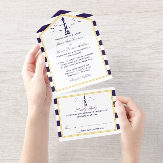 Nautische Vuurtoren Navy Stripe Huwelijk Echte Fol All In One Uitnodiging (Uittrekbaar)