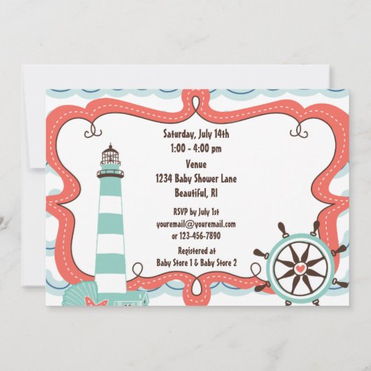 Nautische vuurtoren Neutraal Baby shower Uitnodigi Kaart (Achterkant)