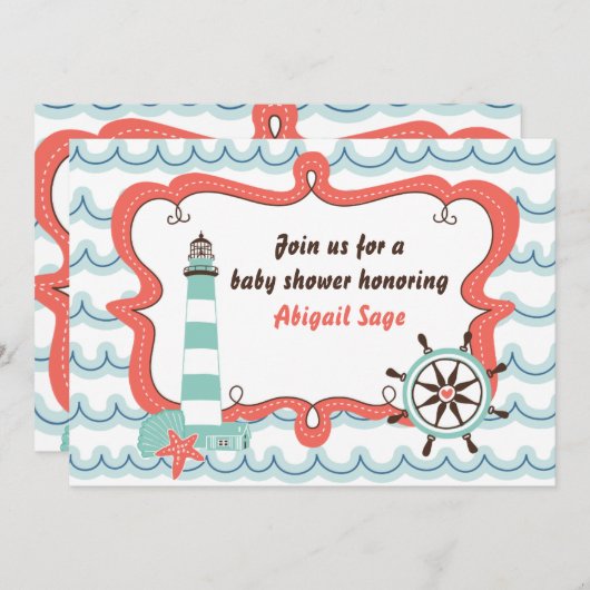 Nautische vuurtoren Neutraal Baby shower Uitnodigi Kaart (Voorkant / Achterkant)