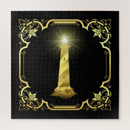 Nautische vuurtoren: silhouet/goud/zwart/zwart legpuzzel (Verticaal)