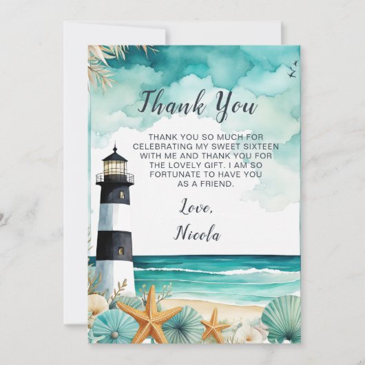 Nautische vuurtoren Sweet Sixteen Birthday Bedankkaart (Voorkant)