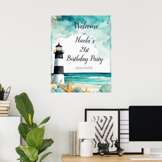 Nautische Vuurtoren Verjaardagsfeest Poster (Thuiskantoor)