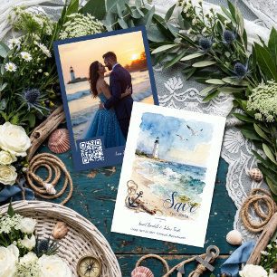 Nautische Vuurtoren Watercolor Trouwfoto TLW26 Save The Date