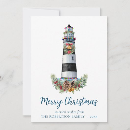 Nautische Vuurtoren Waterverf 3 Foto Kerstmis Feestdagenkaart (Voorkant)