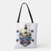 Nautische Vuurtoren Wit Bloemen Rood Blauw Tote Bag (Achterkant)