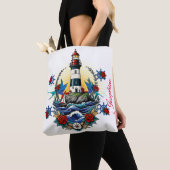 Nautische Vuurtoren Wit Bloemen Rood Blauw Tote Bag (Dichtbij)