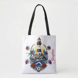 Nautische Vuurtoren Witte Bloemen Rood Blauw Tote Bag