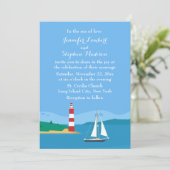 Nautische Vuurtoren & Zeilboot Blue Ocean Wedding Kaart (Staand voorkant)