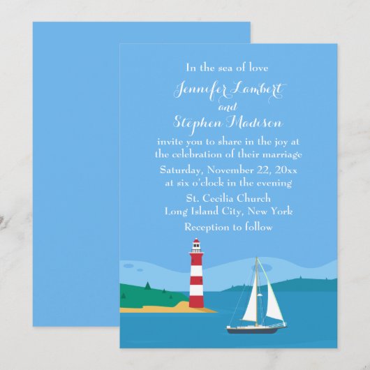 Nautische Vuurtoren & Zeilboot Blue Ocean Wedding Kaart (Voorkant / Achterkant)