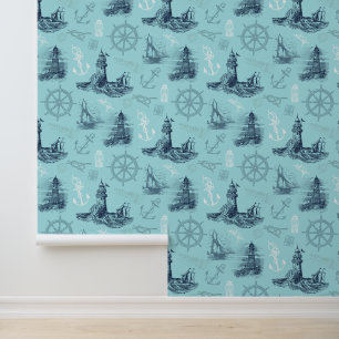 Nautische vuurtorens Aqua Blue Behang