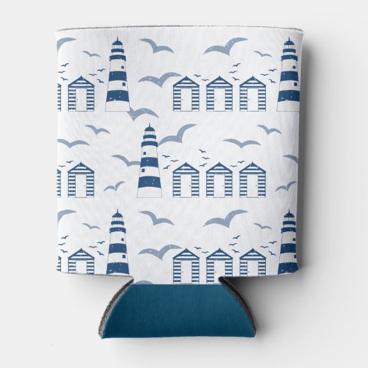 Nautische Vuurtorens en Strandhutten Blauw Wit Blikjeskoeler (Voorkant)