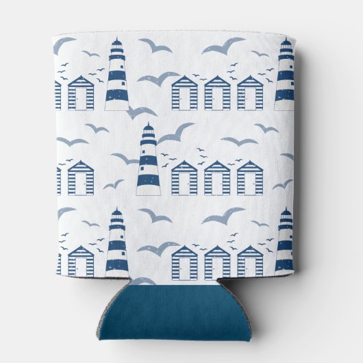 Nautische Vuurtorens en Strandhutten Blauw Wit Blikjeskoeler (Achterkant)