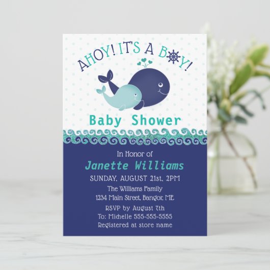 Nautische walvis Ahoy! Het is een Boy Baby shower Kaart (Staand voorkant)