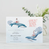 Nautische walvis babyshower uitnodiging (Staand voorkant)