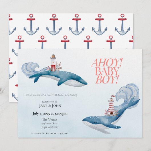 Nautische walvis babyshower uitnodiging (Voorkant / Achterkant)
