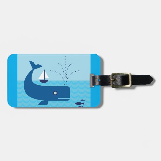 Nautische walvis en zeilboot Ocean Blue Zee Bagagelabel (Voorkant horizontaal)