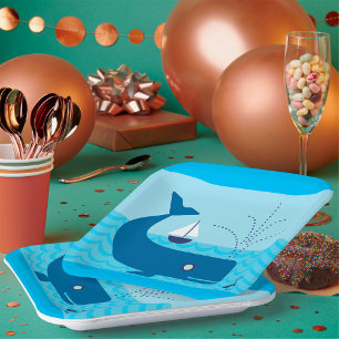 Nautische walvis en zeilboot Ocean Blue Zee Papieren Bordje