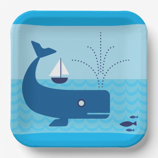 Nautische walvis en zeilboot Ocean Blue Zee Papieren Bordje (Voorkant)