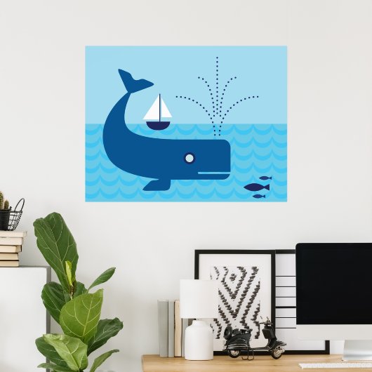 Nautische walvis en zeilboot Ocean Blue Zee Poster (Thuiskantoor)