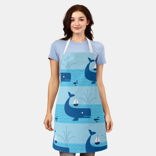 Nautische walvis en zeilboot Ocean Blue Zee Schort (Gedragen)