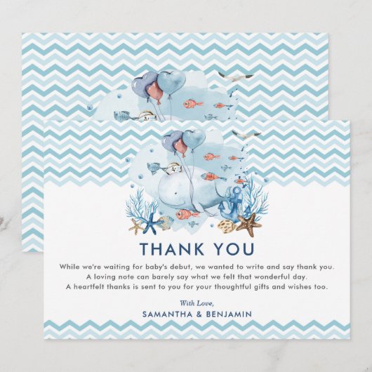 Nautische walvis onder het Zee Blue Boy Baby showe Bedankkaart (Voorkant / Achterkant)