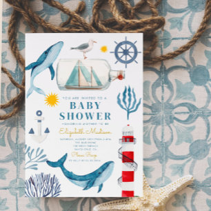 Nautische walvis zeilboot baby shower uitnodiging