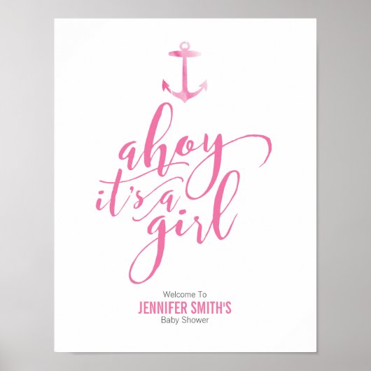 Nautische Waterverf Anchor Pink Baby shower Welcom Poster (Voorkant)