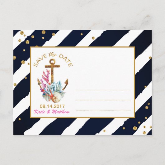 Nautische Waterverf Anker Seashells Save the Date Aankondigingskaart (Achterkant)