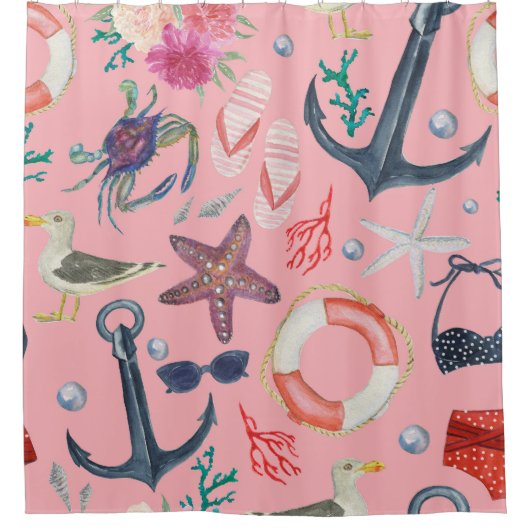 Nautische Waterverf Anker Zeesterren Patroon Douchegordijn (Voorkant)