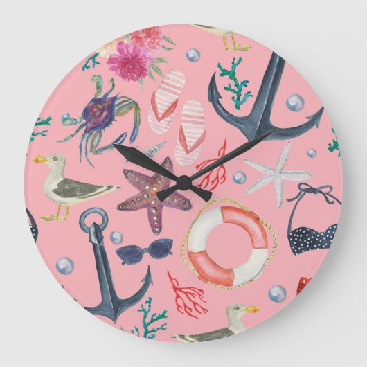 Nautische Waterverf Anker Zeesterren Patroon Grote Klok (Voorkant)