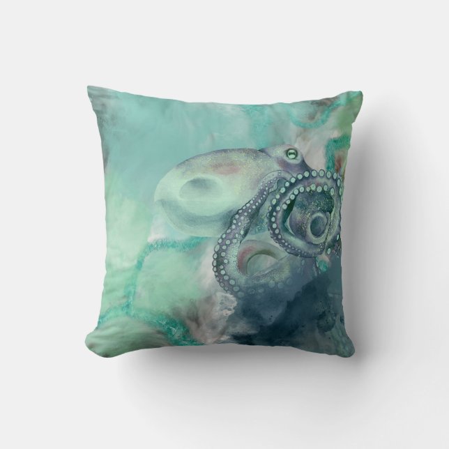 Nautische Waterverf Aqua Ocean Octopus Kussen (Voorkant)