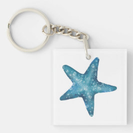 Nautische waterverf blauwe zeester sleutelhanger