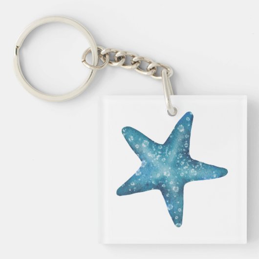 Nautische waterverf blauwe zeester sleutelhanger (voorkant)
