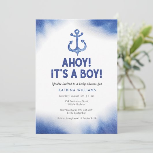 Nautische Waterverf Blue Baby shower uitnodiging (Staand voorkant)