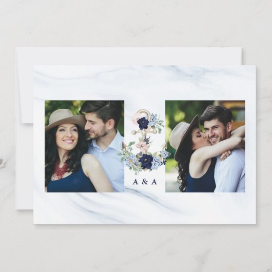 Nautische Waterverf Floral Anchor Navy Blue Foto Save The Date (Achterkant)