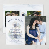 Nautische Waterverf Floral Anchor Navy Blue Foto Save The Date (Voorkant / Achterkant)