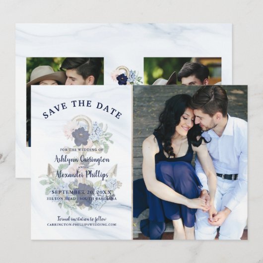 Nautische Waterverf Floral Anchor Navy Blue Foto Save The Date (Voorkant / Achterkant)